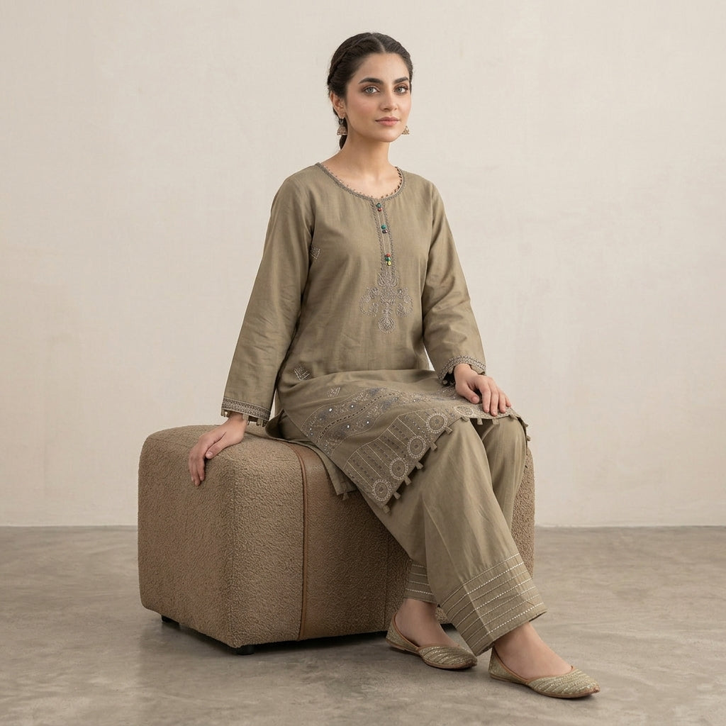 Olive Grace – Embroidered Premium 2-Piece Cotton Lawn Suit