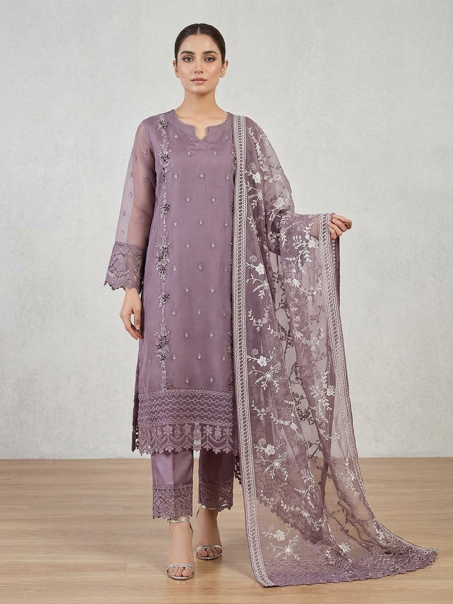 Dusty Orchid – Embellished Premium 3-Piece Organza Formal Suit
