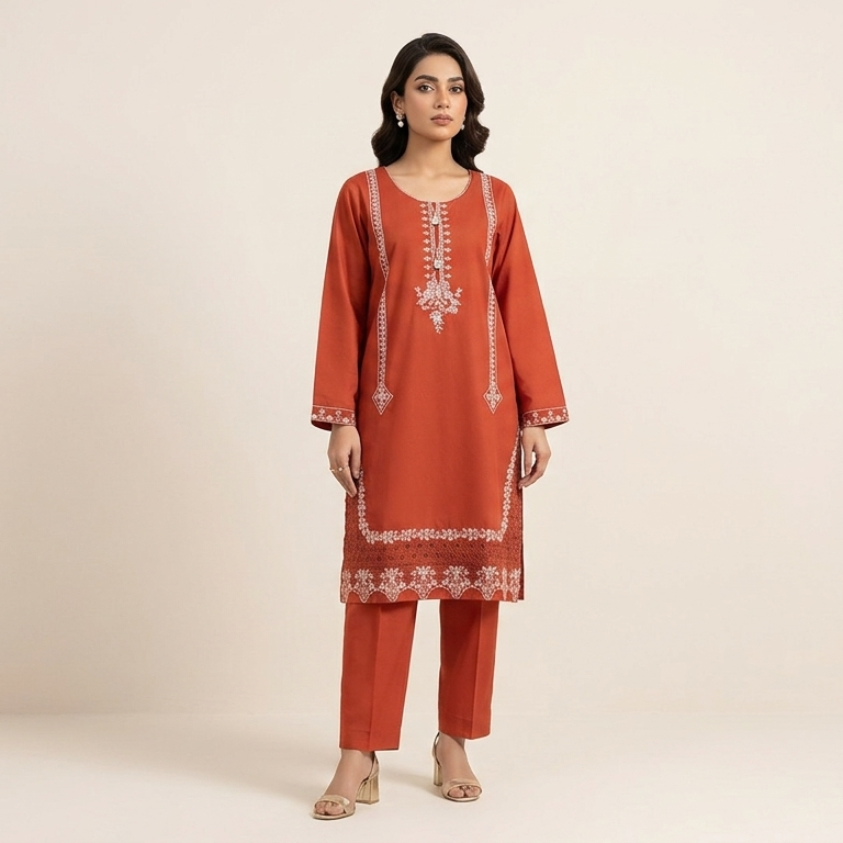 Crimson Rust Embroidered 2-Piece Cotton Lawn Suit with Tassel & Sequin Details