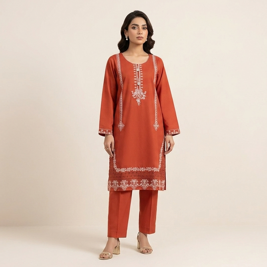 Crimson Rust Embroidered 2-Piece Cotton Lawn Suit with Tassel & Sequin Details