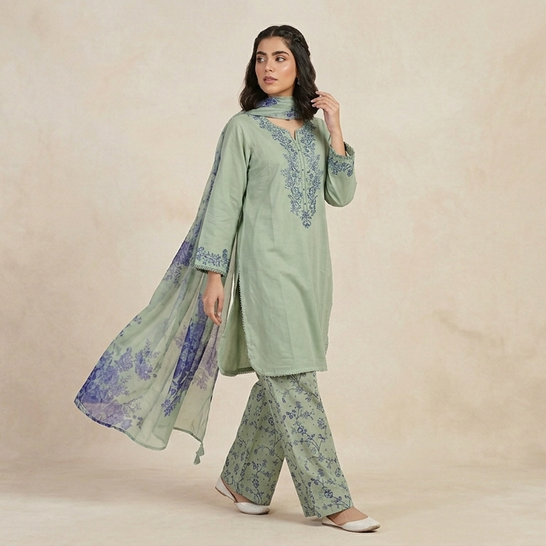 Serene Sage Green & Indigo Floral Embroidered 3-Piece Cotton Suit