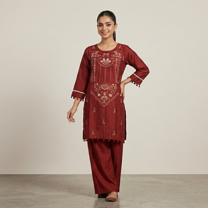 Elegant Rust Crimson Embroidered 2-Piece Cotton Lawn Suit