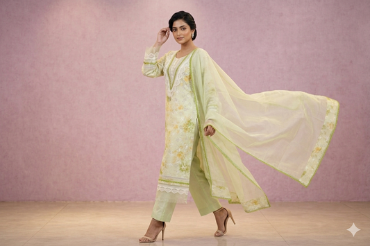 Premium Hand-Embroidered Soft Cotton Suit in Pistachio Green