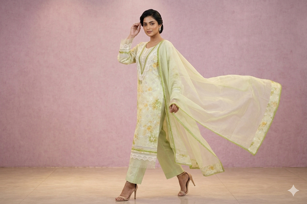Premium Hand-Embroidered Soft Cotton Suit in Pistachio Green