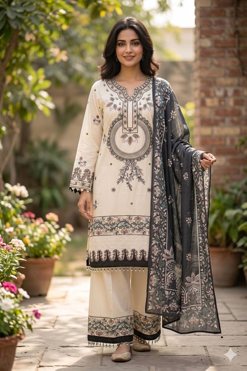Serene Ivory Embroidered Lawn 3-Piece Suit with Cotton Net Dupatta