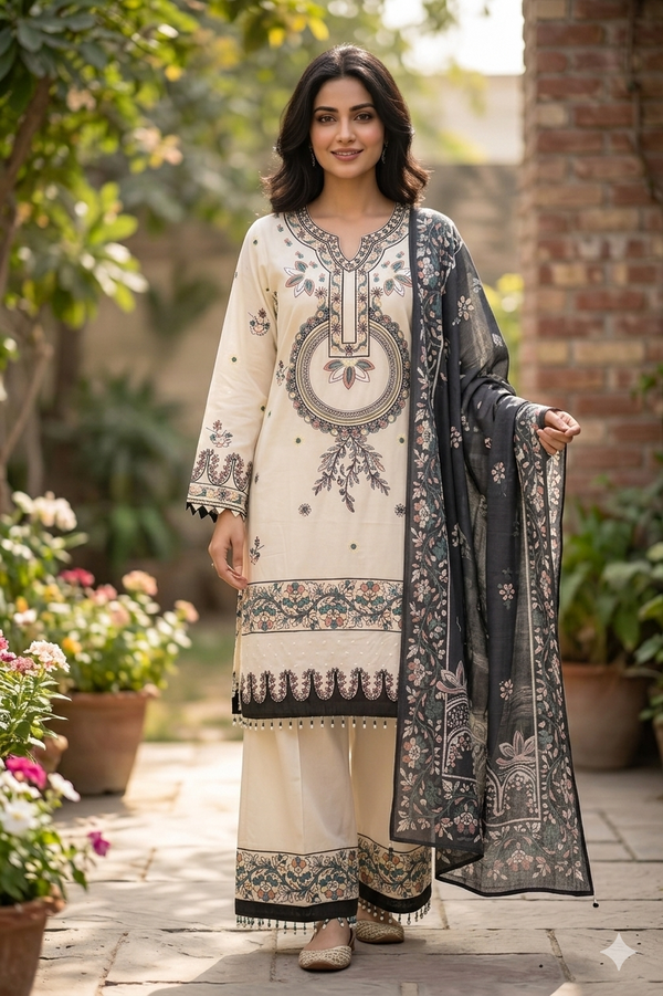 Serene Ivory Embroidered Lawn 3-Piece Suit with Cotton Net Dupatta