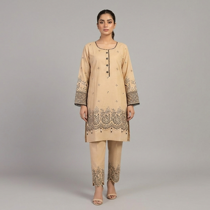Earthes Beige & Charcoal Block-Print Style Embroidered 2-Piece Cotton Lawn Suit