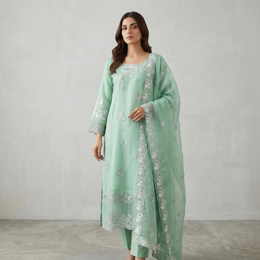 Mint Green Embroidered Organza 3-Piece Suit