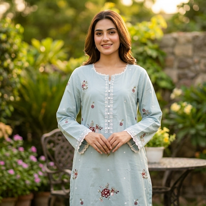Serene Mint & Cream Embroidered 2-Piece Cotton Lawn Suit