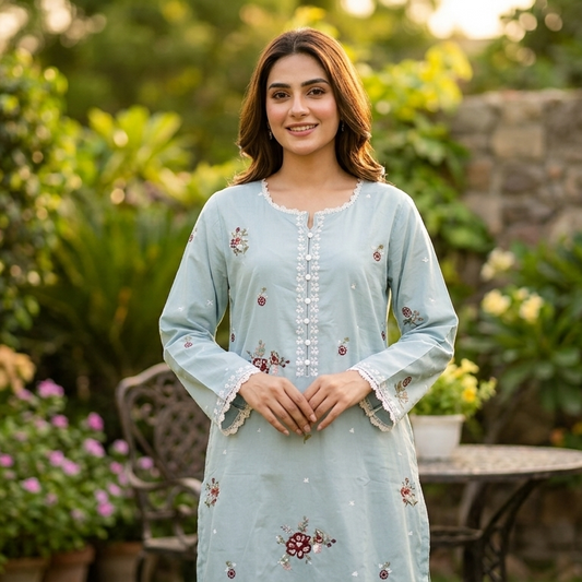 Serene Mint & Cream Embroidered 2-Piece Cotton Lawn Suit