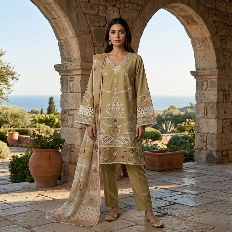 Exquisite Olive Green Embroidered 3-Piece Cotton Suit with Cutwork Detailing