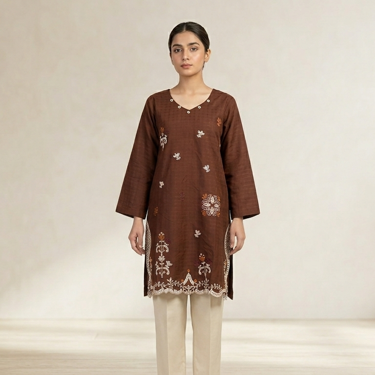 Rich Chocolate Brown Embroidered 2-Piece Cotton Lawn Suit with Scalloped Cutwork Border