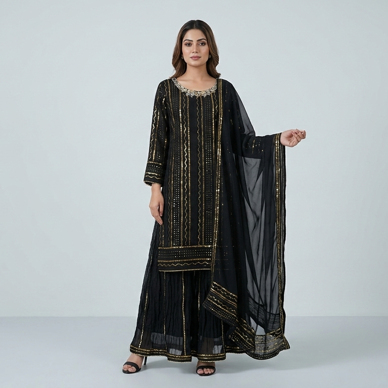 Midnight Onyx Sequin-Embellished 3-Piece Chiffon Sharara Set