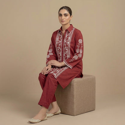 Embroidered Deep Red Lawn 2-Piece Suit with Collared Shirt & Trousers