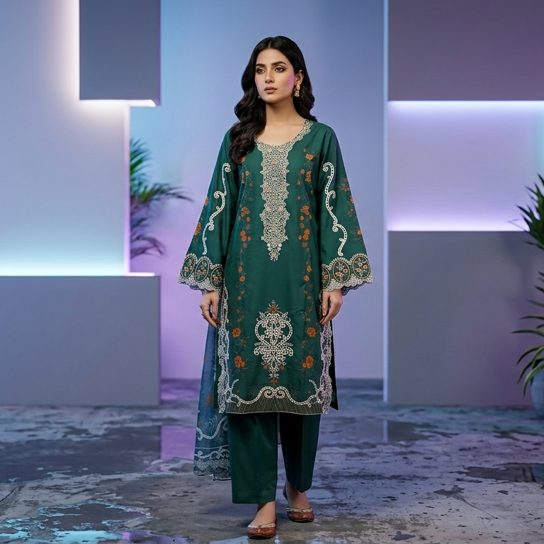 Enchanting Emerald Green Embroidered 3-Piece Cotton Suit