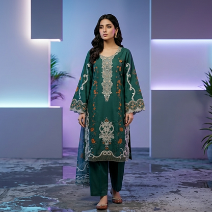 Enchanting Emerald Green Embroidered 3-Piece Cotton Suit