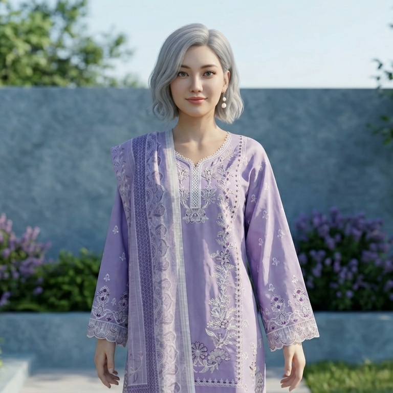 Charming Lilac Lavender Embroidered Cotton Suit with Delicate Lace Detailing
