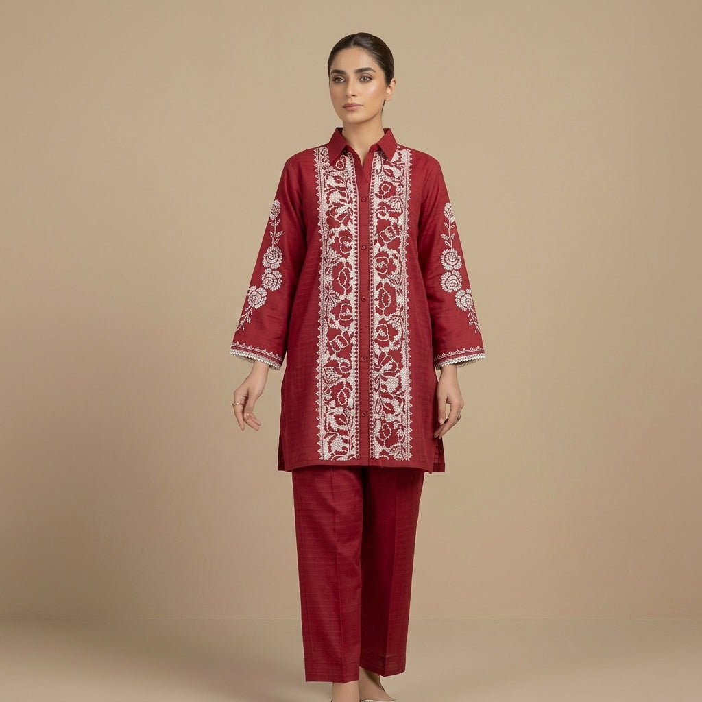 Embroidered Deep Red Lawn 2-Piece Suit with Collared Shirt & Trousers