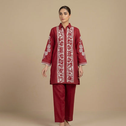 Embroidered Deep Red Lawn 2-Piece Suit with Collared Shirt & Trousers