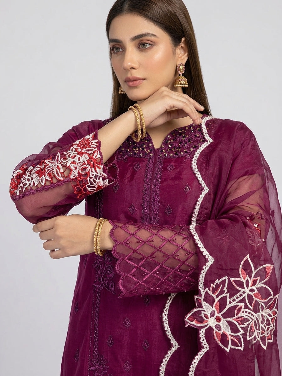 Royal Plum – Embellished Premium 3-Piece Organza Suit