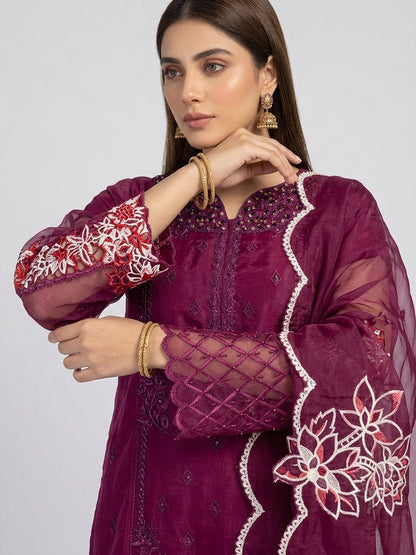 Royal Plum – Embellished Premium 3-Piece Organza Suit
