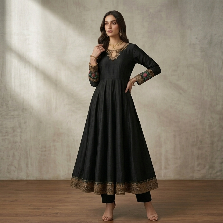 Regal Ebony Embroidered 3-Piece Cotton Anarkali Frock Set with Net Dupatta