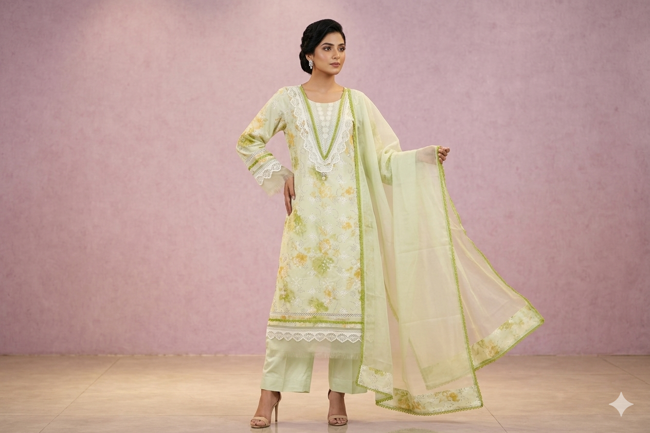 Premium Hand-Embroidered Soft Cotton Suit in Pistachio Green