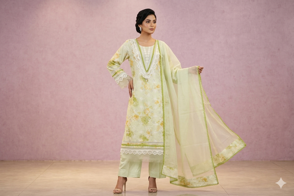 Premium Hand-Embroidered Soft Cotton Suit in Pistachio Green