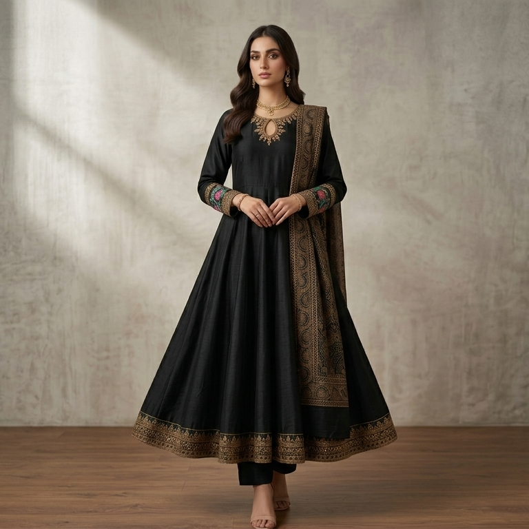Regal Ebony Embroidered 3-Piece Cotton Anarkali Frock Set with Net Dupatta