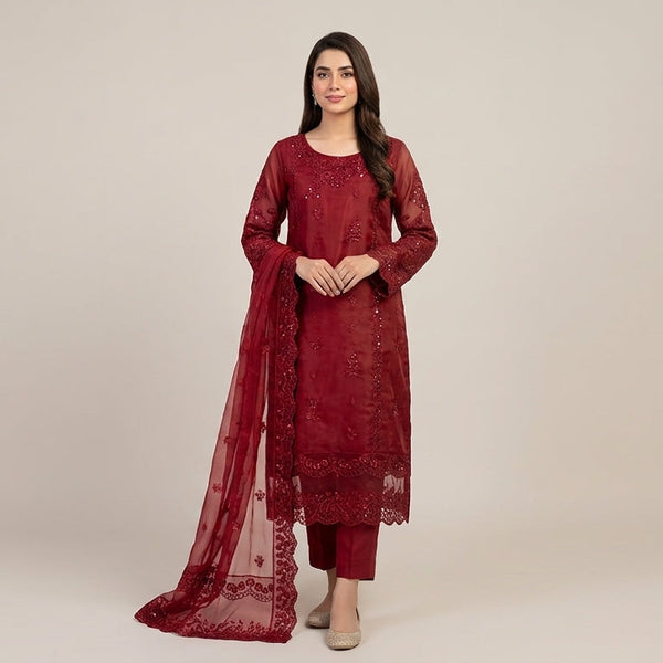 Ruby Luxe – Embroidered Premium 3-Piece Organza Suit