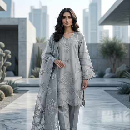 Elegant Dove Grey Embroidered 3-Piece Cotton Suit with Mirror Work Detailing