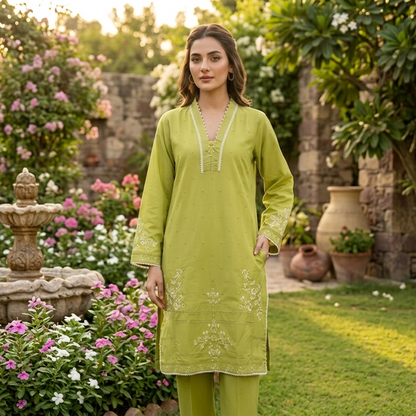 Fresh Lime Green Embroidered 2-Piece Cotton Lawn Suit with Pearl Embellishments