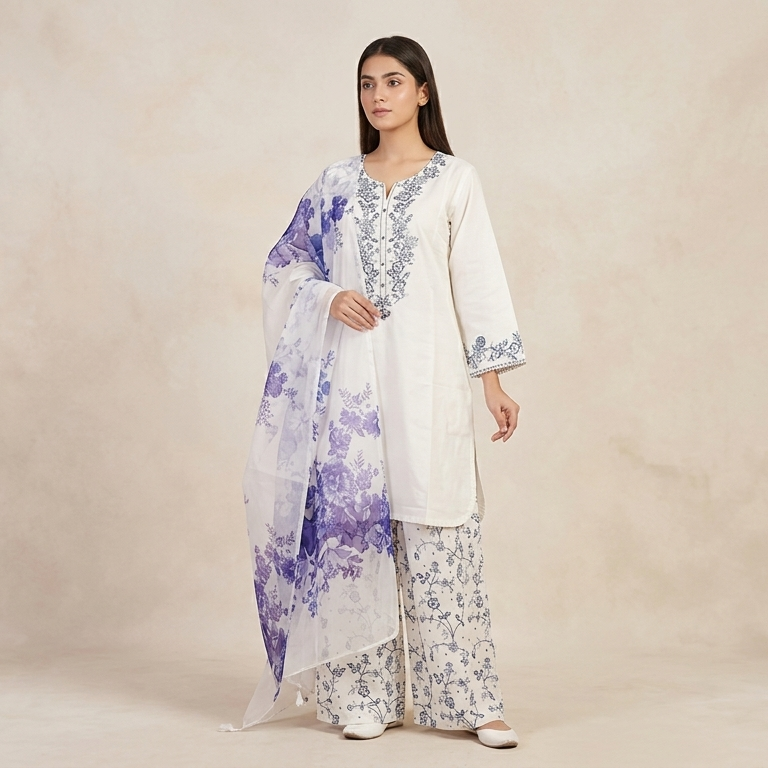 Prristine Off-White & Indigo Floral Embroidered 3-Piece Cotton Suit