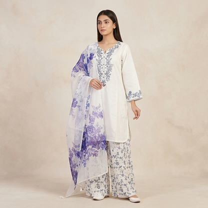 Prristine Off-White & Indigo Floral Embroidered 3-Piece Cotton Suit