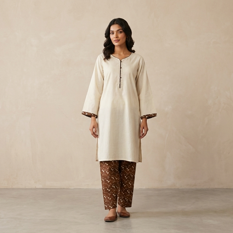 Minimalist Ivory & Chocolate Brown 2-Piece Cotton Lawn Co-Ord Set