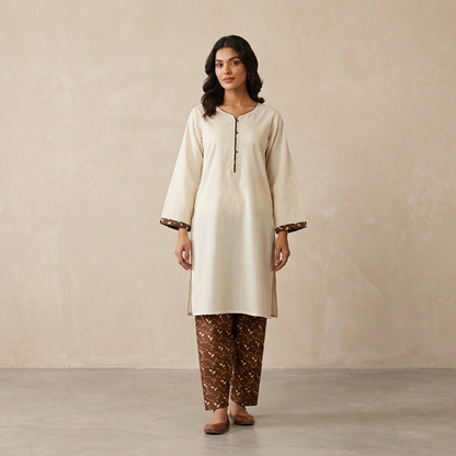 Minimalist Ivory & Chocolate Brown 2-Piece Cotton Lawn Co-Ord Set