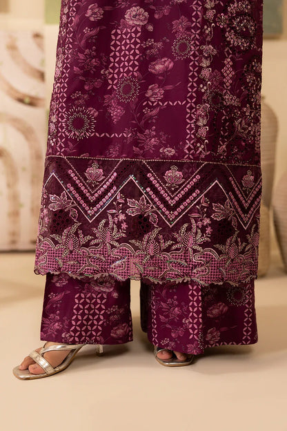 Elegant Plum Printed Lawn Suit with Embroidered Details & Chiffon Dupatta