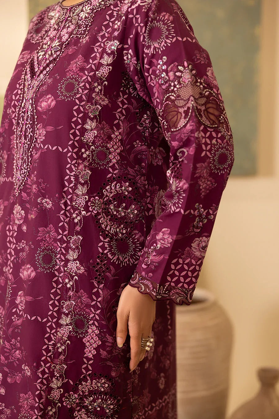 Elegant Plum Printed Lawn Suit with Embroidered Details & Chiffon Dupatta
