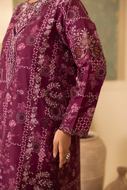 Elegant Plum Printed Lawn Suit with Embroidered Details & Chiffon Dupatta