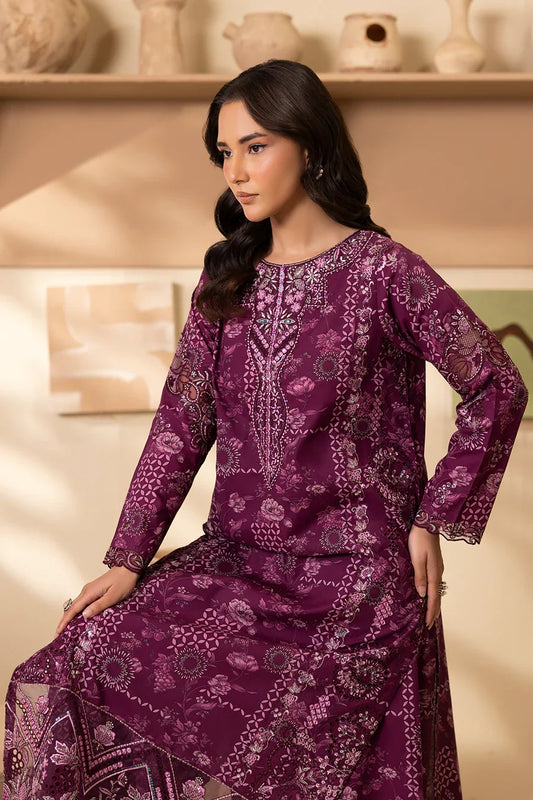 Elegant Plum Printed Lawn Suit with Embroidered Details & Chiffon Dupatta