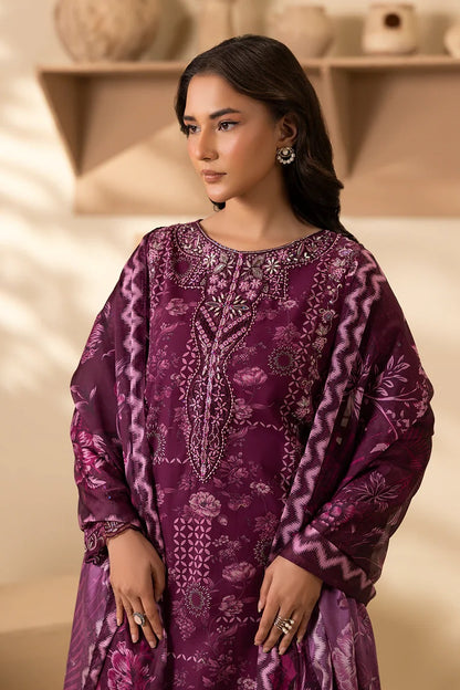 Elegant Plum Printed Lawn Suit with Embroidered Details & Chiffon Dupatta