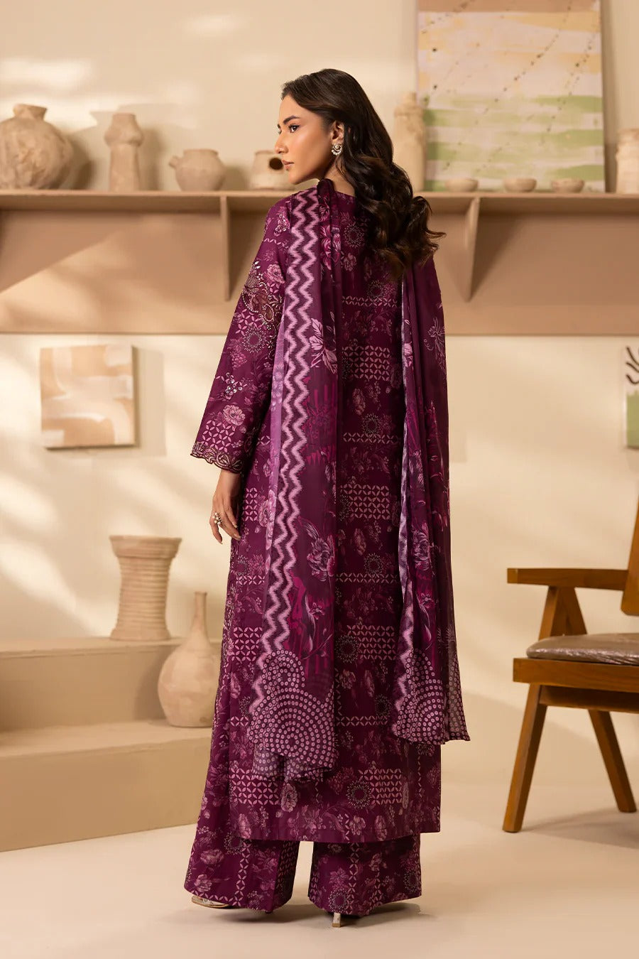 Elegant Plum Printed Lawn Suit with Embroidered Details & Chiffon Dupatta