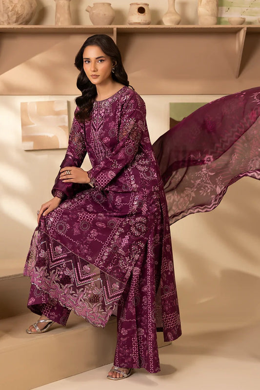 Elegant Plum Printed Lawn Suit with Embroidered Details & Chiffon Dupatta