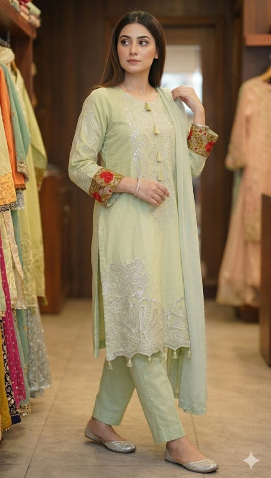 Elegant Mint Green Long Cotton Shirt Dress with Embroidery & Dupatta