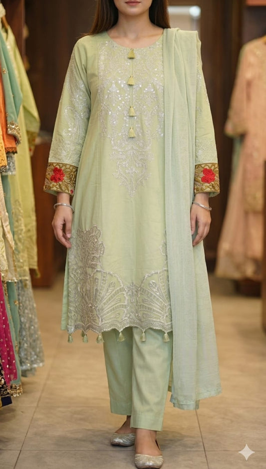 Elegant Mint Green Long Cotton Shirt Dress with Embroidery & Dupatta