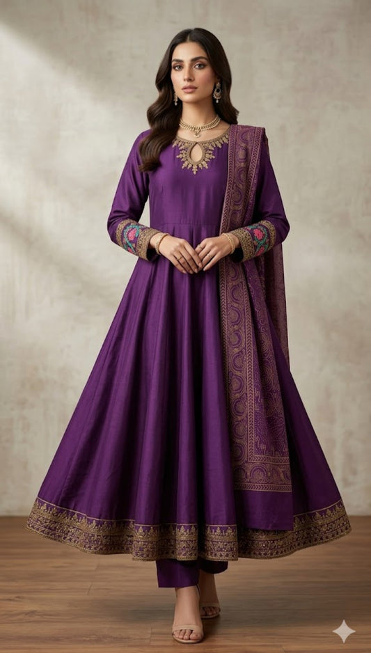 Elegant Purple Cotton Anarkali Frock with Gold Embroidery & Dupatta