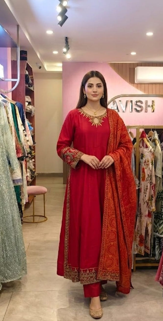 Elegant Purple Cotton Anarkali Frock with Gold Embroidery & Dupatta