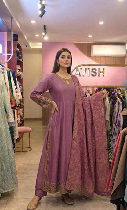 Elegant Purple Cotton Anarkali Frock with Gold Embroidery & Dupatta