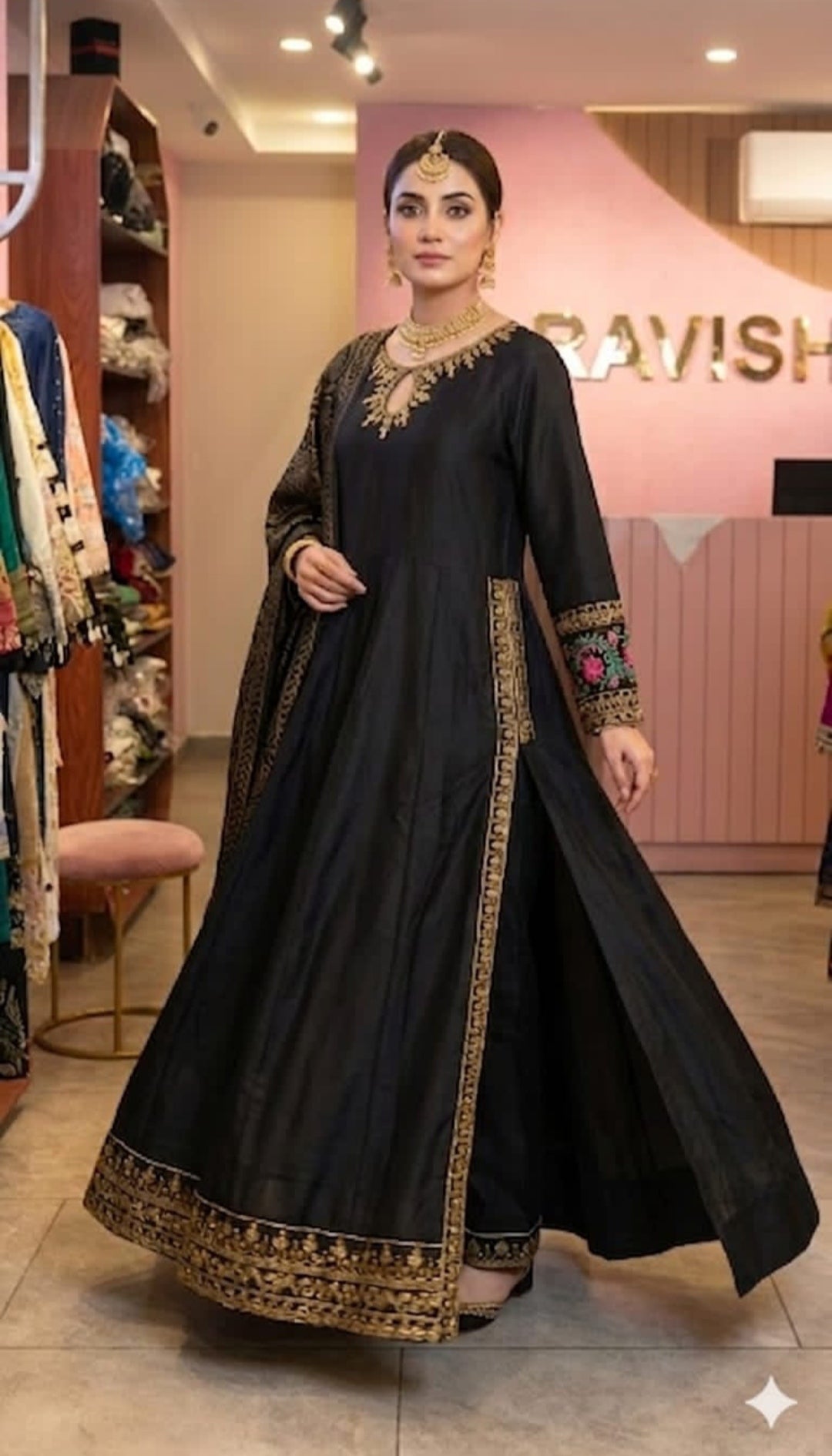 Elegant Purple Cotton Anarkali Frock with Gold Embroidery & Dupatta