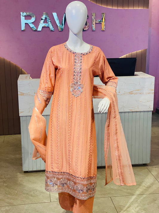 Ethereal Peach Embroidered Cotton Suite